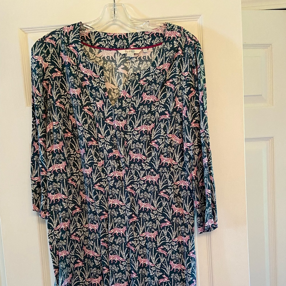 Boden 12L bunny, fox foliage print dress hunter green, ivory,purple
